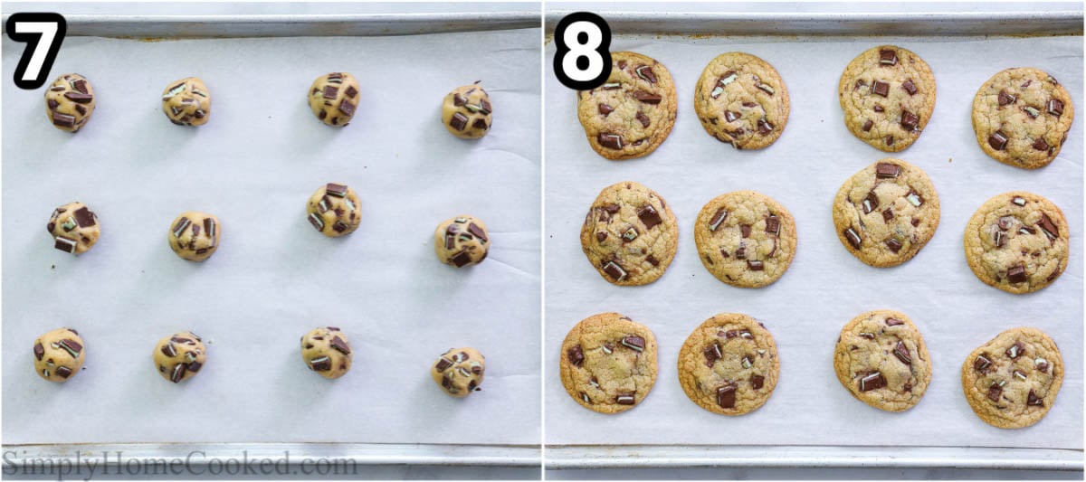 Steps to make Mint Chocolate Chip Cookies, including adding the chocolate chips and Andes candies, scooping out the dough, and then backing the cookies.