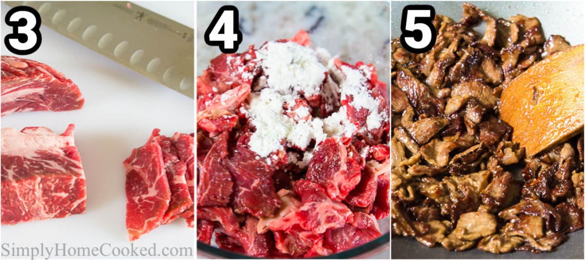 Steps to make Mongolian Beef, including slicing the beef, mixing it with corn starch, and then cooking it.