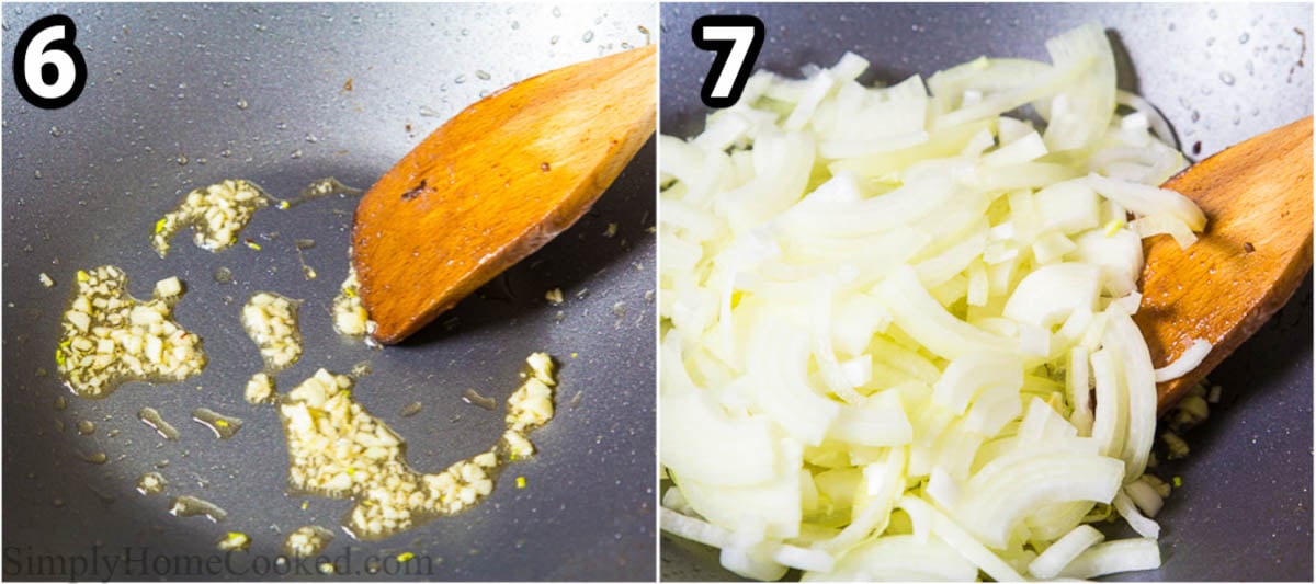 Steps to make Mongolian Beef, including sauteing the garlic and onion in a wok.