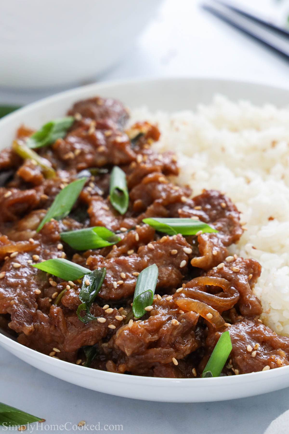 Vertical close up image of Mongolian Beef with green onions and rice on a white plate