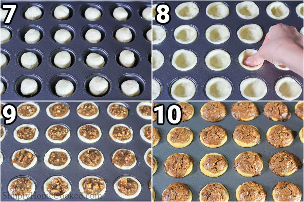 Steps to make Pecan Tassies, including molding the dough into mini muffin tins, filling them, and baking them.