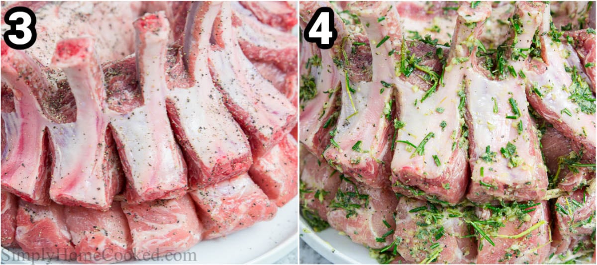 Steps to make Pork Crown Roast, including spreading the garlic herb mixture on the pork.