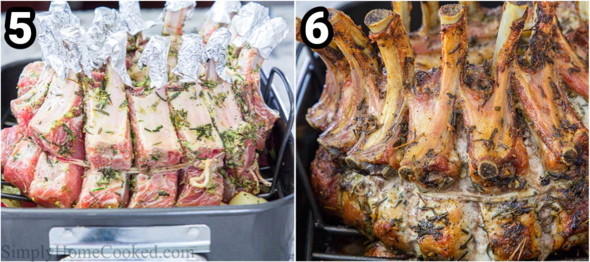 Steps to make Pork Crown Roast, including wrapping the bones with foil and then roasting it.