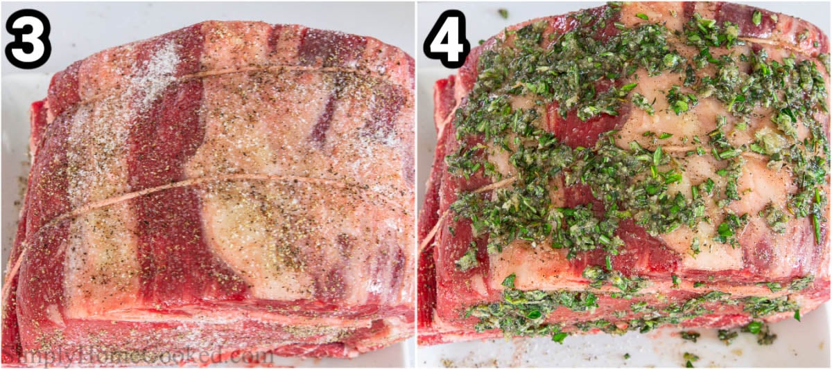Steps to make Prime Rib, including seasoning the prime rib with salt, pepper, and herbs. 