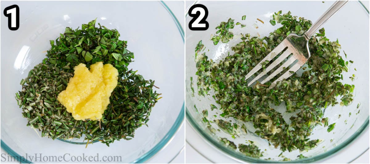 Steps to make Prime Rib, including mixing the pressed garlic with the herbs with a fork.