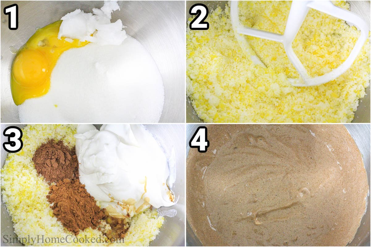 Steps to make Russian Pryaniki with Mint Glaze, including mixing the sugar, butter, and oil, then adding the sour cream and cocoa powder.