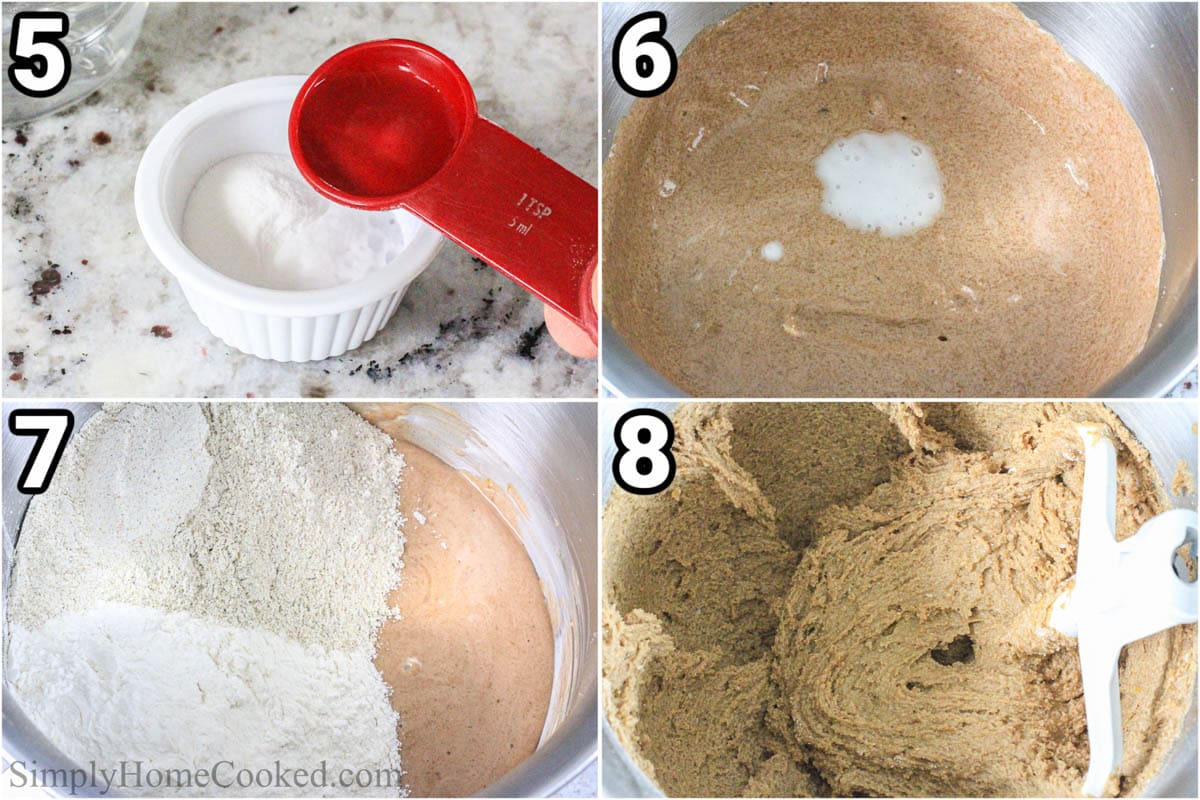 Steps to make Russian Pryaniki with Mint Glaze, including mixing the baking soda and vinegar, then adding the flour to the dough.