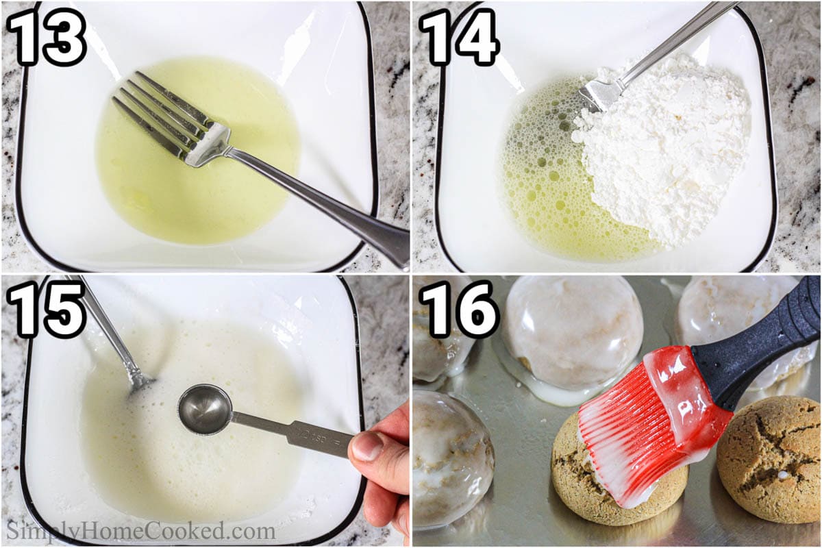 Steps to make Russian Pryaniki with Mint Glaze, including mixing the mint glaze then brushing it on the cookies.