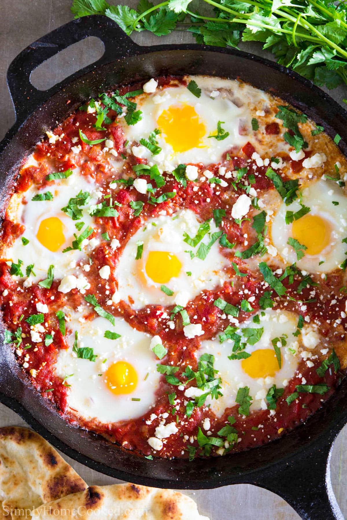 Shakshuka in a cast iron pan topped with feta cheese and cilantro. 
