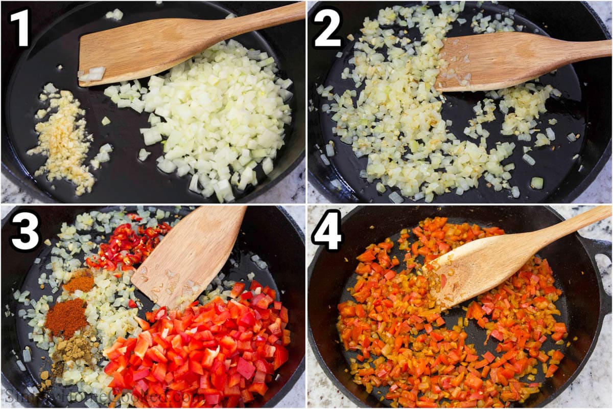 Steps to make Shakshuka, including sauteing onions, peppers, garlic, and spices in a cast iron skillet, stirring with a wooden spoon.