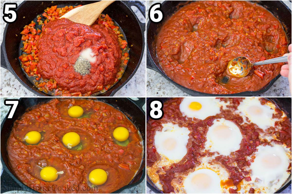 Steps to make Shakshuka, including adding the crushed tomatoes, salt, and pepper, making welts for the eggs, and then cooking them.