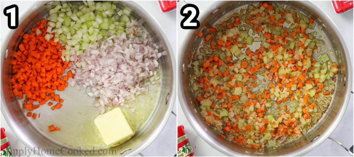 Steps to make Wild Rice, including sauteing the vegetables and then adding the wild rice.