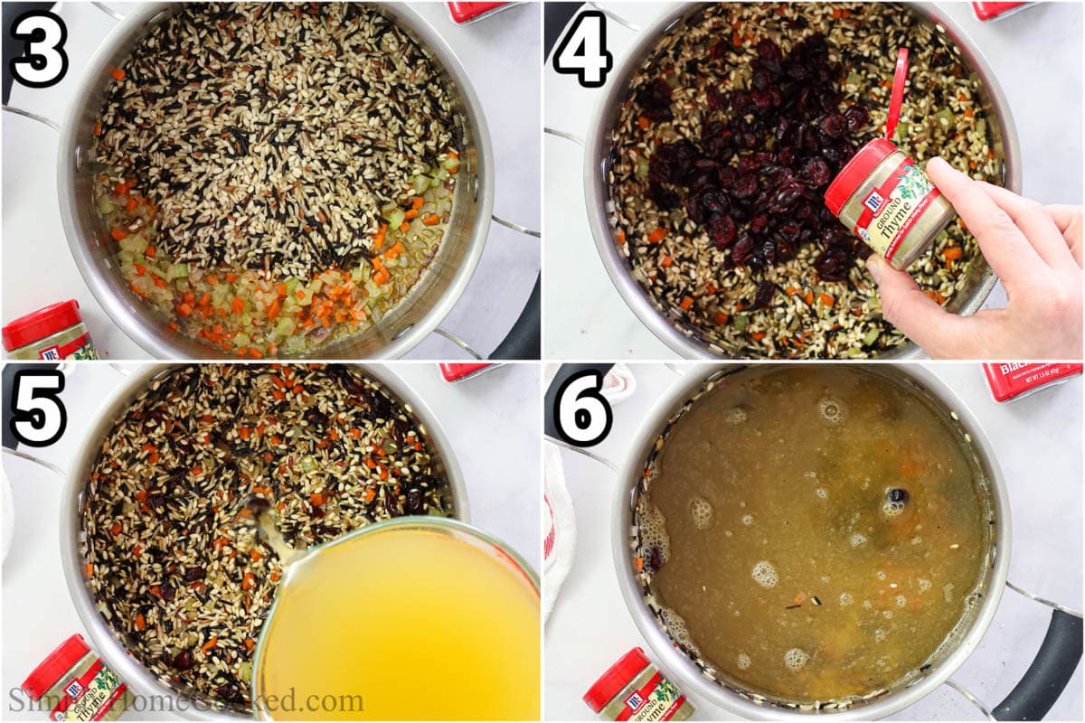 Steps to make Wild Rice, including adding the cranberries, thyme, and broth, then cooking.