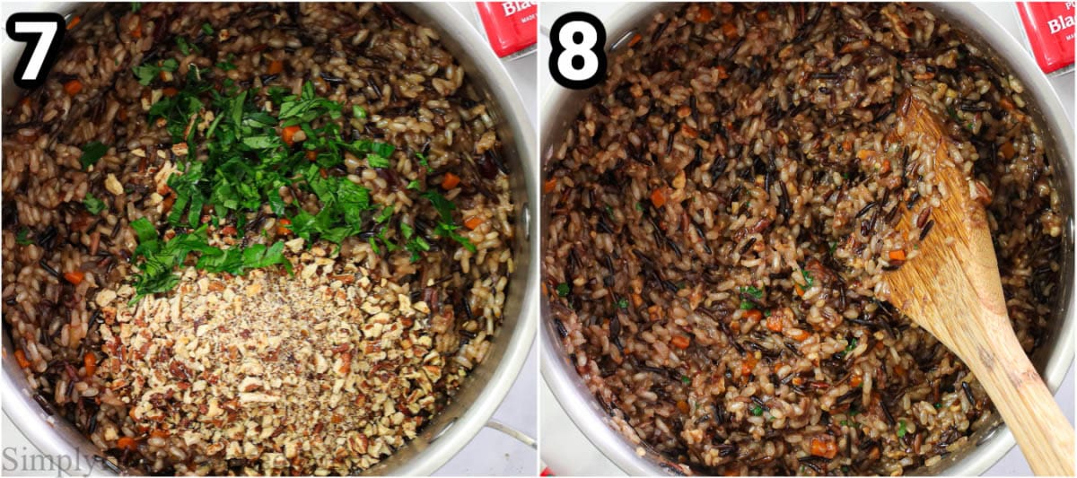 Steps to make Wild Rice, including adding the parsley and pecans, then stirring.