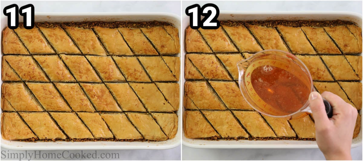 Steps to make Baklava, including baking the baklava and then covering it with honey syrup.
