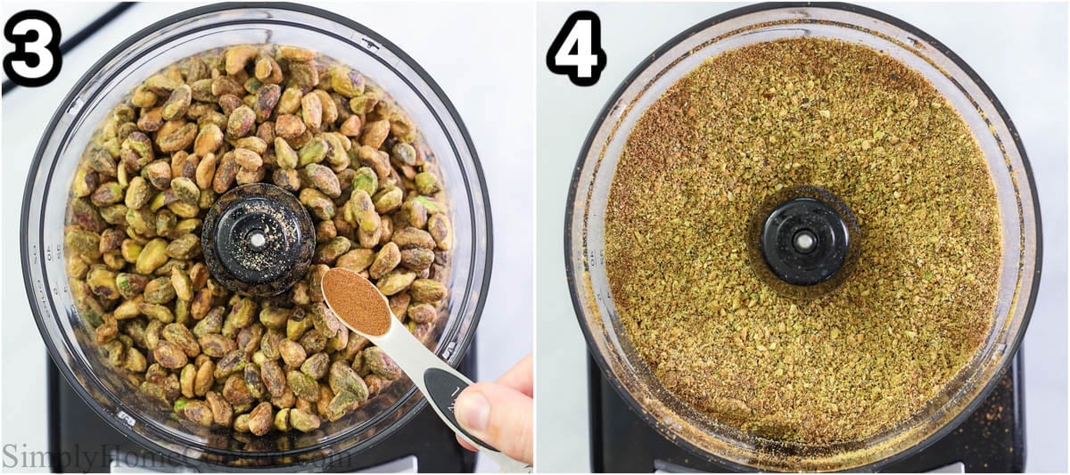 Steps to make Baklava, including processing the pistachio mixture for inside the baklava.