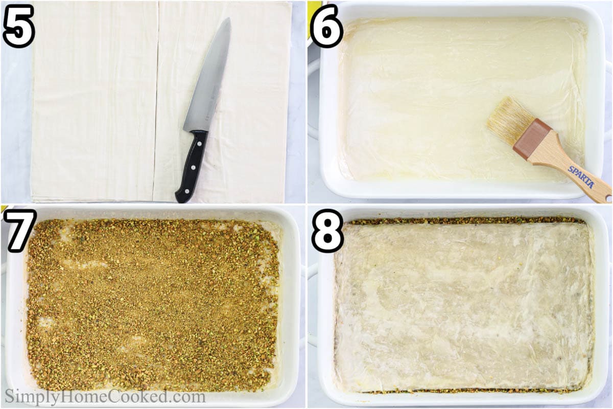Steps to make Baklava, including trimming the phyllo dough sheets, brushing them with butter, and layering them with ground pistachios.
