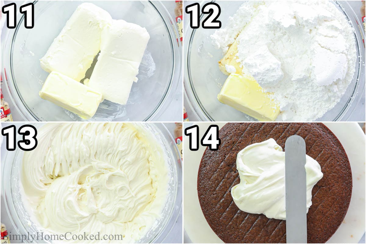 Steps to make Gingerbread Cake, including making the cream cheese frosting and spreading it between cake layers and on top.