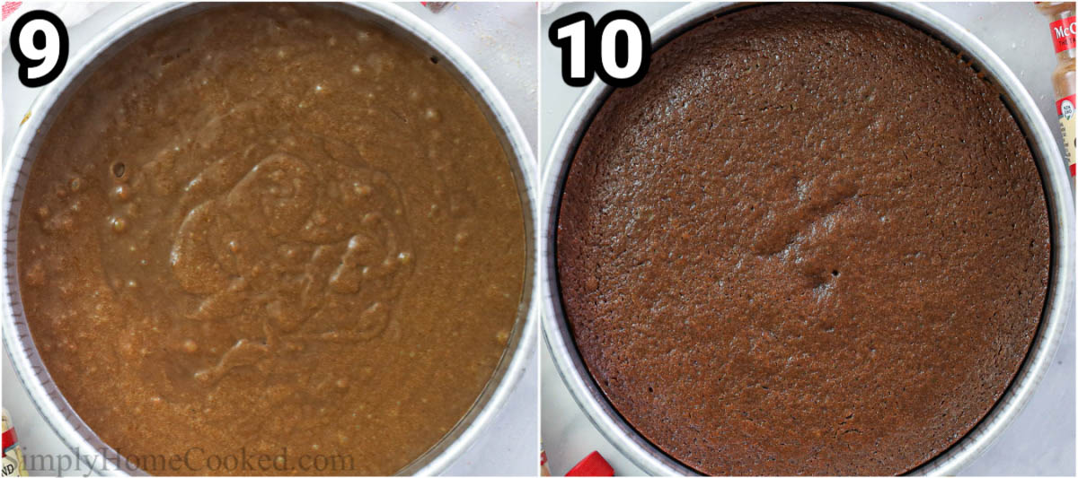gingerbread cake batter in a pan unbaked and baked