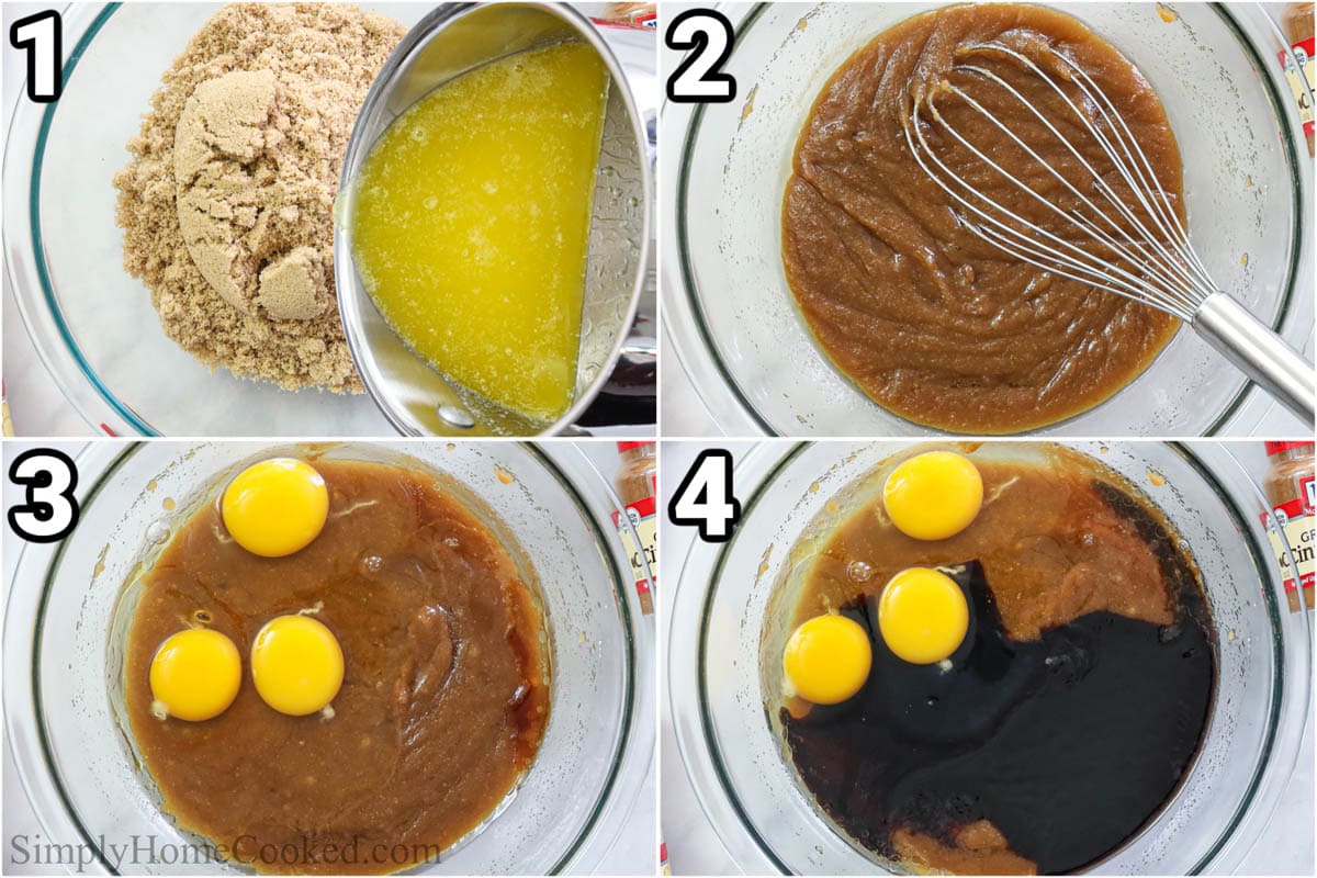Steps to make Gingerbread Cake, including whisking the butter and sugar together, then mixing the wet ingredients.
