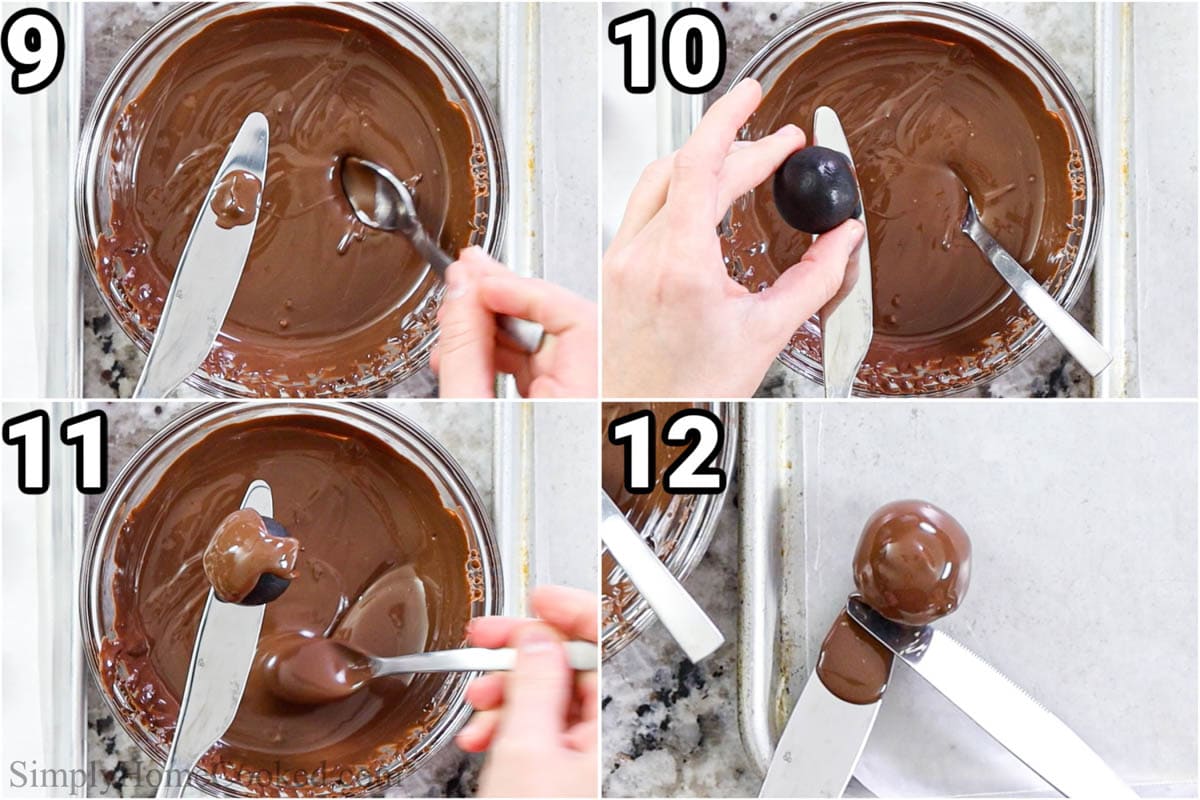 steps to make Oreo truffles including dipping the truffles in melted candy melts