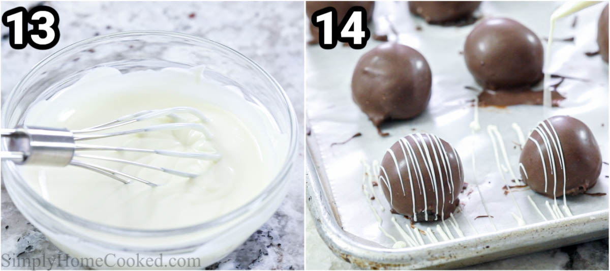 steps to make Oreo truffles including drizzling white chocolate on top