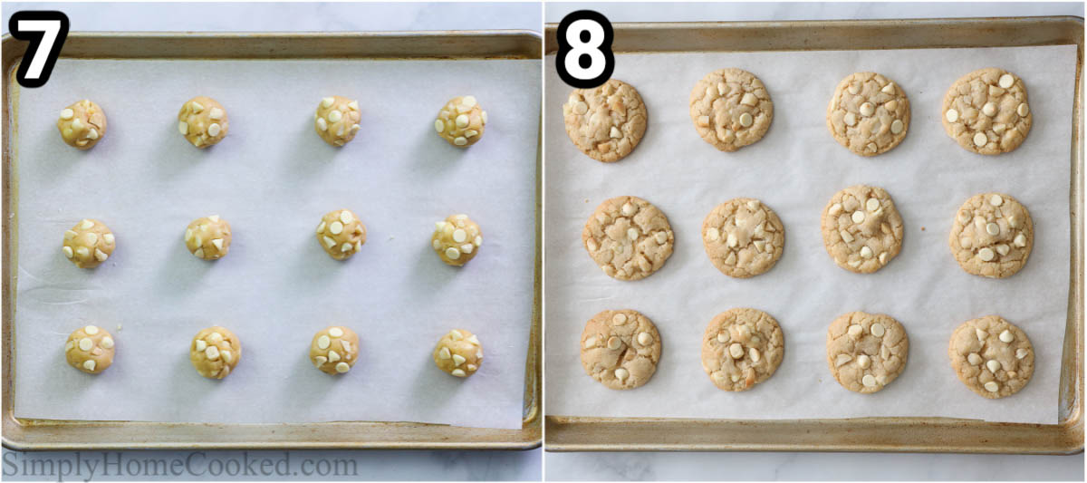 Steps to make White Chocolate Macadamia Nut Cookies, including scooping out the dough and then baking the cookies.