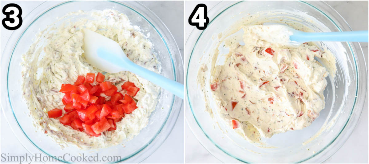 Steps to make Easy BLT Dip, including folding in the diced tomatoes.