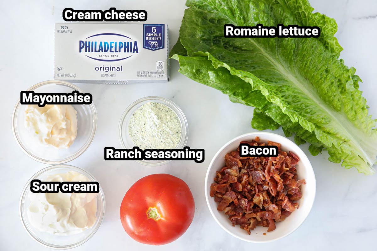 Ingredients for Easy BLT Dip, including cream cheese, mayonnaise, sour cream, lettuce, tomato, ranch seasoning, and bacon.
