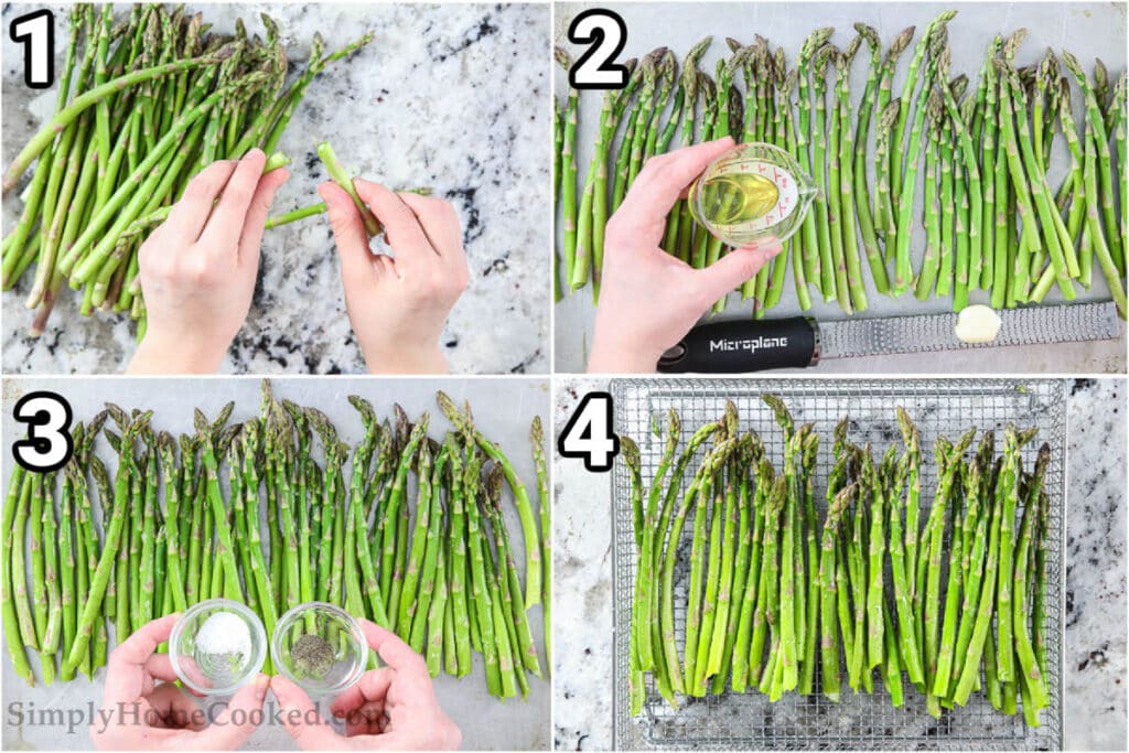 a collage of steps to make air fryer asparagus