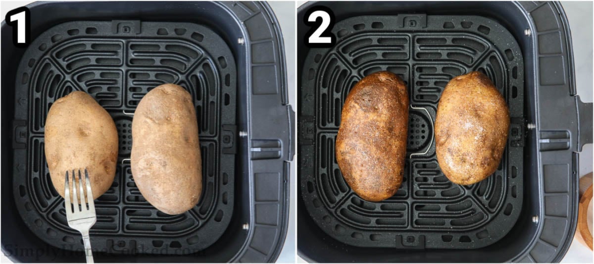 Steps for making an Air Fryer Baked Potato, including washing, drying, seasoning, and poking holes in them before baking.