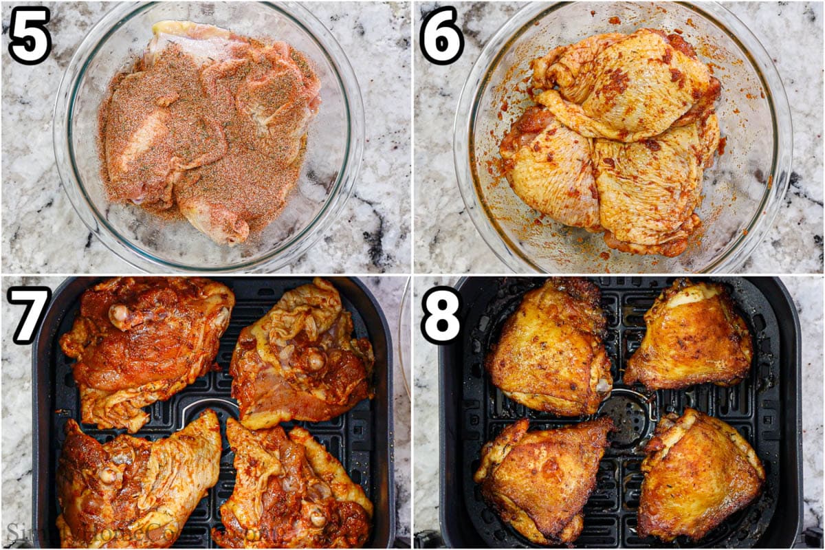 Steps to make Air Fryer Chicken Thighs, including seasoning the chicken thighs and then cooking them in an air fryer basket.
