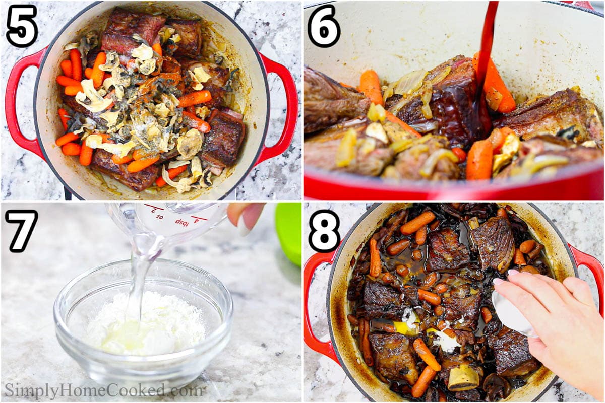 Steps to make Braised Beef Short Ribs, including adding the braising liquids, and cooking the short ribs, then adding cornstarch slurry to thicken it.