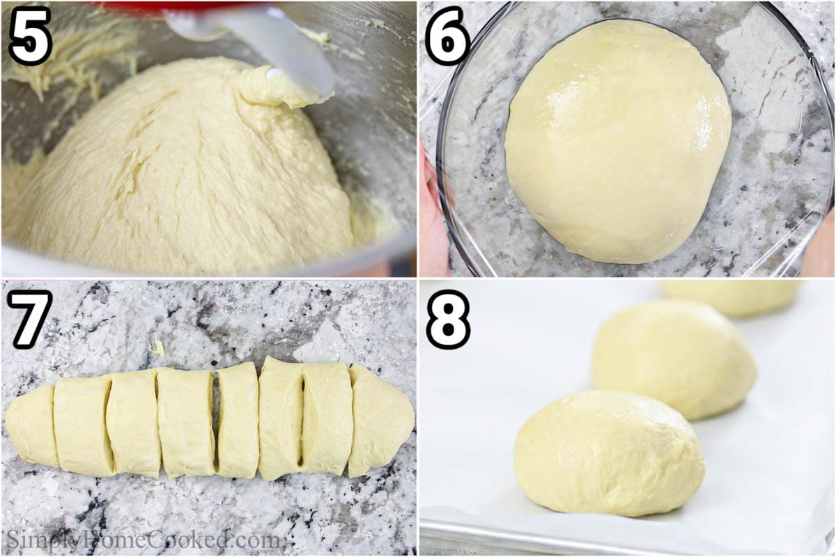 Steps to make Brioche Buns, including kneading the dough, letting it rise, and then portioning it out to form into buns.