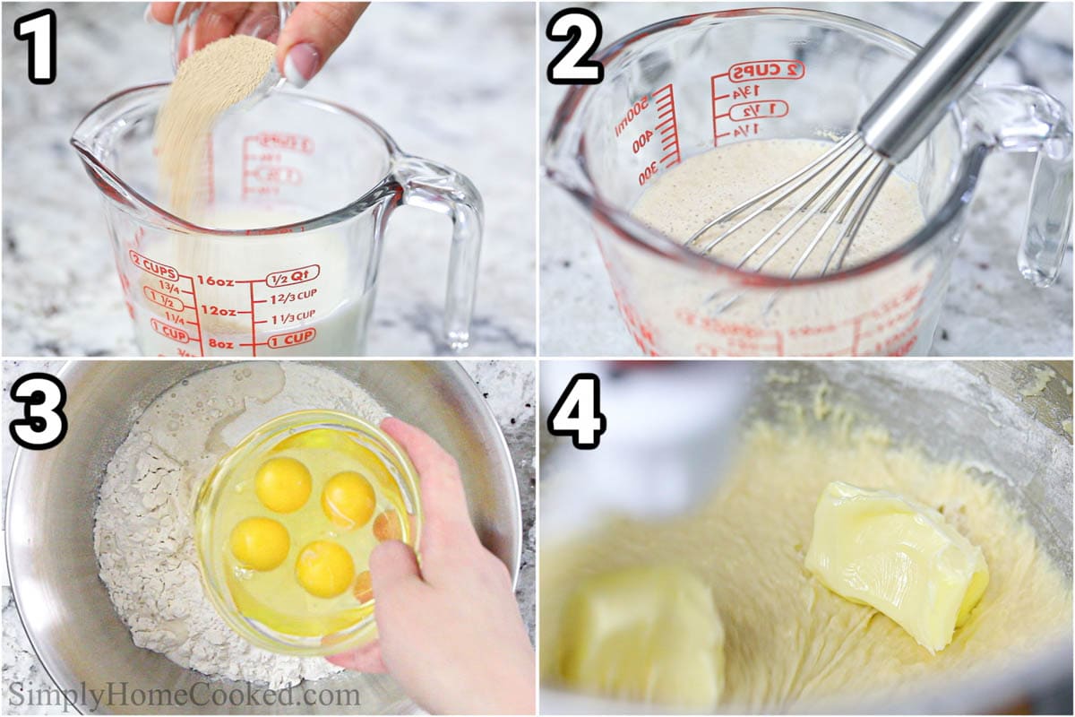 Steps to make Brioche Buns, including frothing the yeast and then adding the eggs, flour, and butter to make dough.