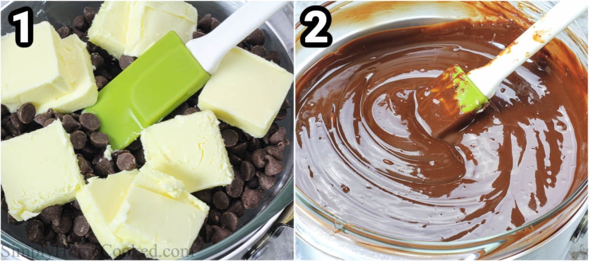 Steps to make Chocolate Lava Cake, including melting the chocolate and butter with a double boiler.