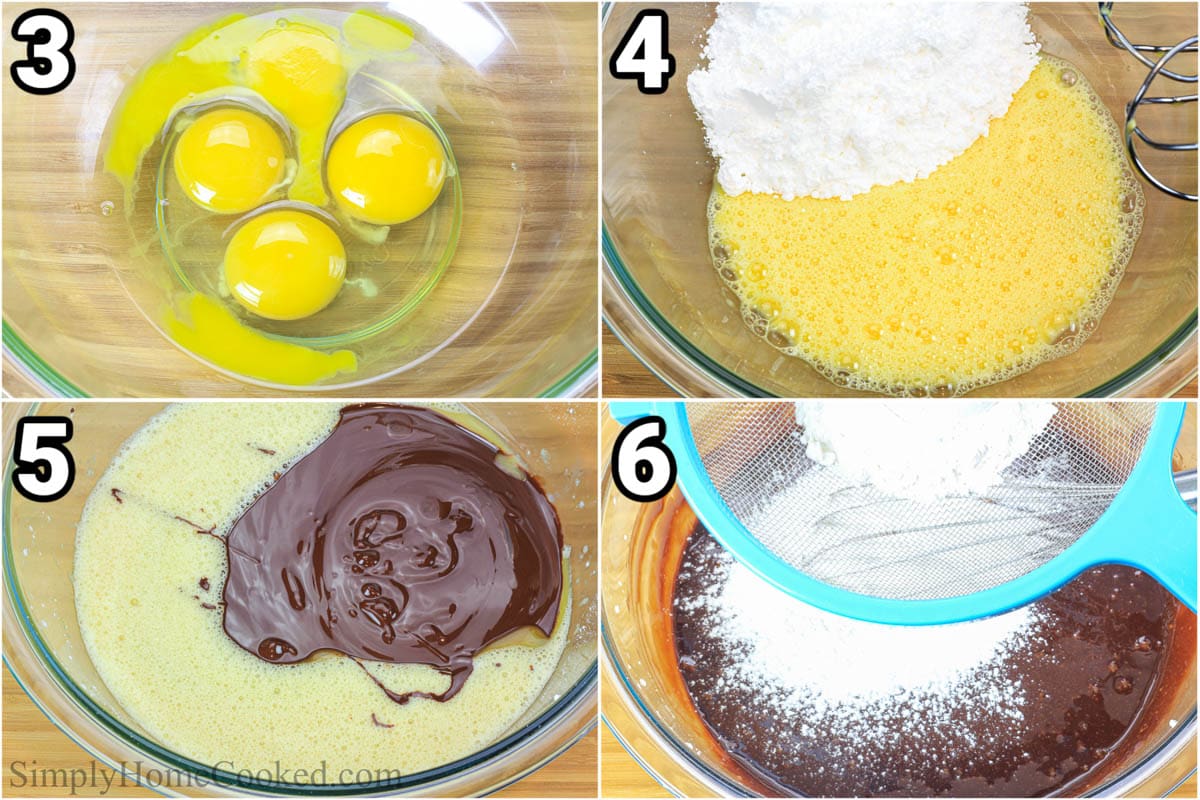 Steps to make Chocolate Lava Cake, including whisking the eggs and then powdered sugar, then adding the chocolate and sifting in the flour.