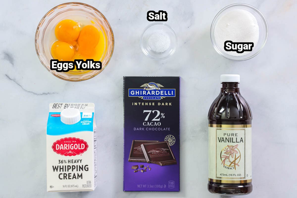 Ingredients for Chocolate Pot De Creme, including egg yolks, salt, vanilla, sugar, dark chocolate, and heavy cream.