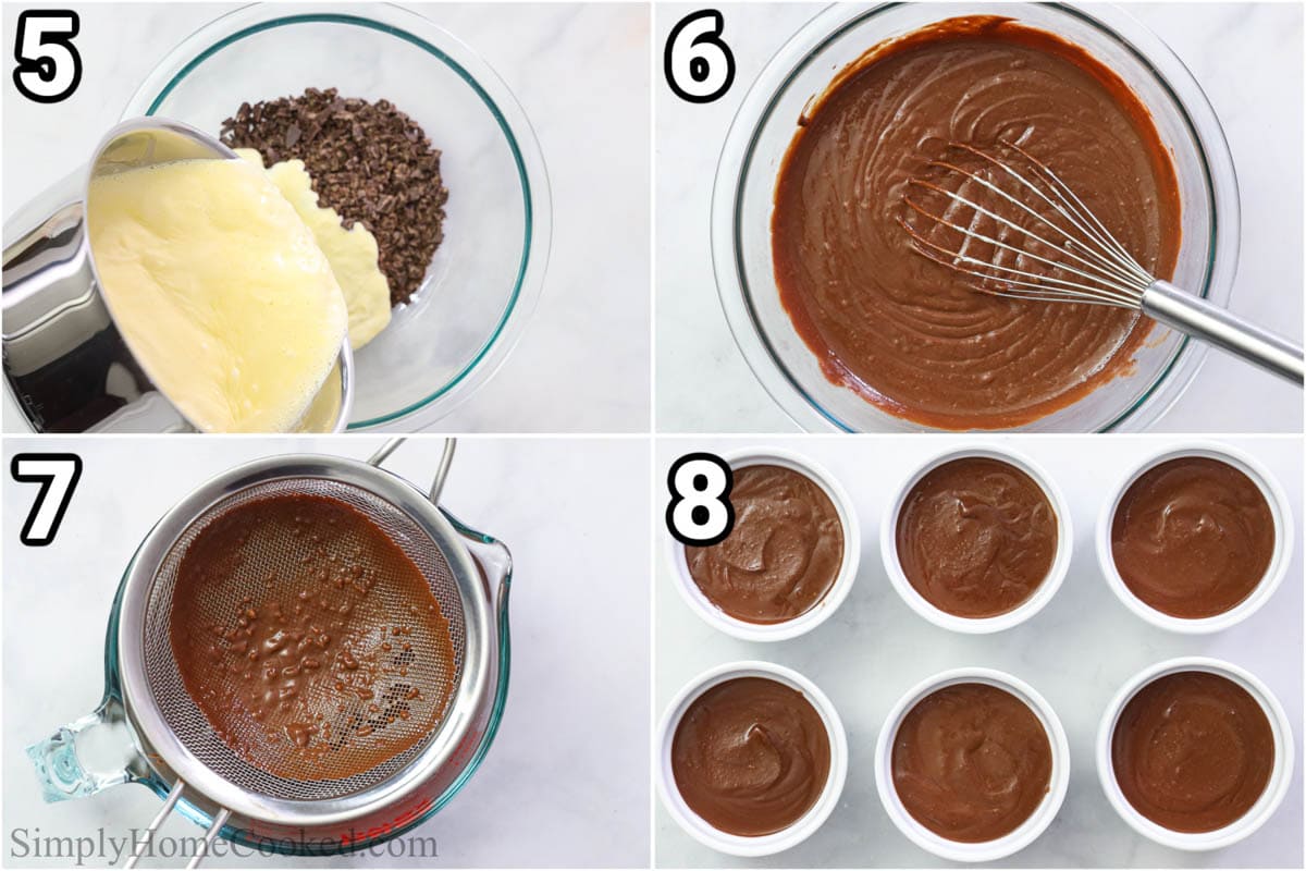 Steps to make Chocolate Pot De Creme, including whisking together the chocolate and custard, then straining it and filling ramekins with the mixture to set.