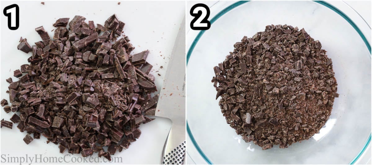 Steps to make Chocolate Pot De Creme, including chopping the chocolate in  bowl.