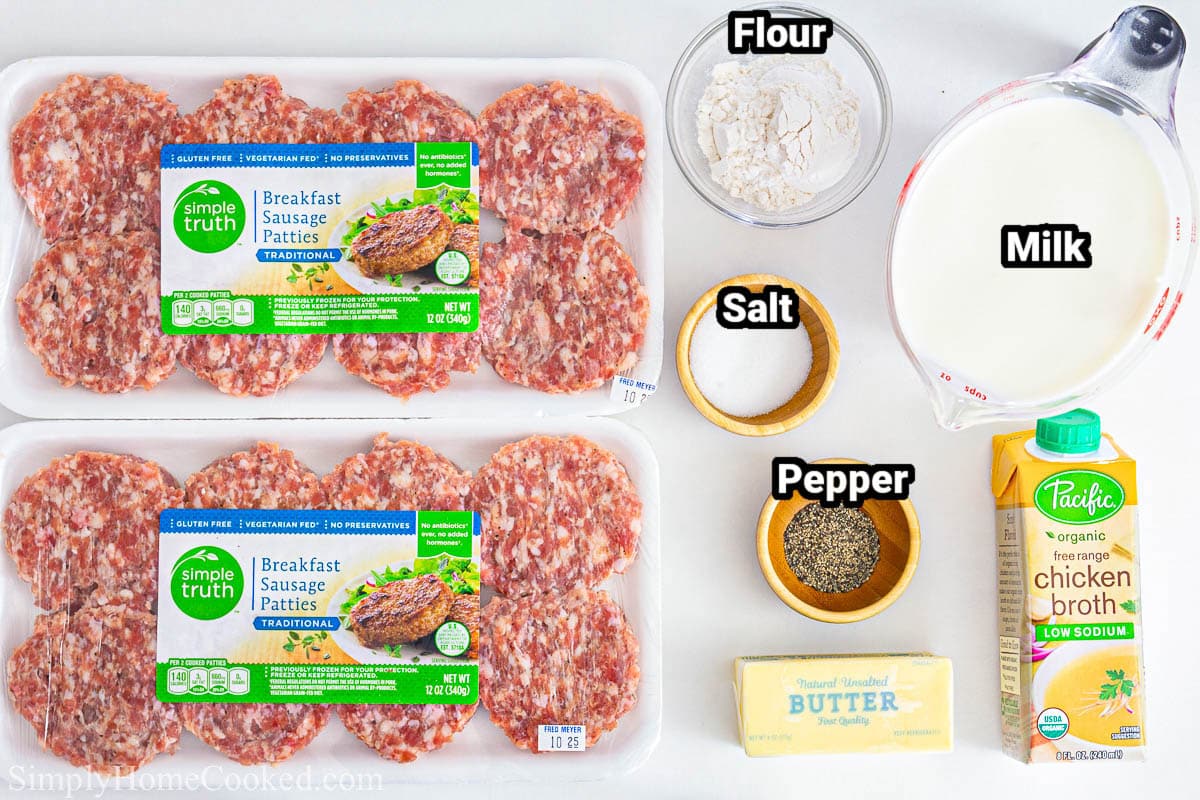 This Sausage Gravy is the best! Savory sausage and creamy gravy, it's flavorful and delicious, especially on biscuits and fried chicken, #biscuitsandgravy #bestbiscuitgravy #homemadesausagegravyrecipe #countrygravyrecipe Ingredients for Sausage Gravy, including sausage patties, flour, milk, chicken broth, salt, pepper, and butter.