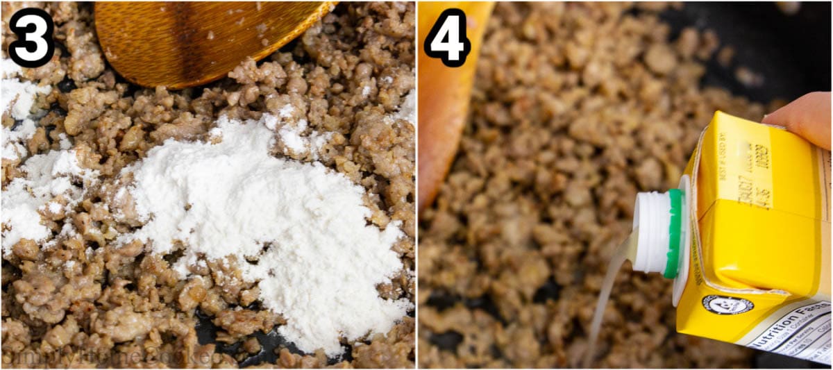 Steps to make Sausage Gravy, including mixing in the flour and then adding chicken broth.