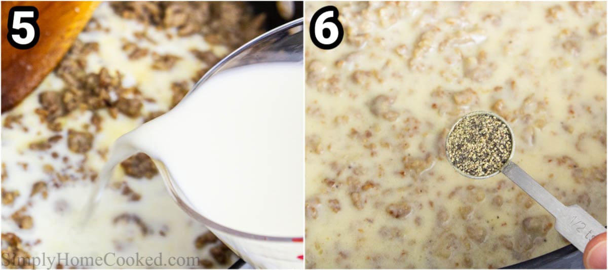 Steps to make Sausage Gravy, including adding the milk and then seasonings.