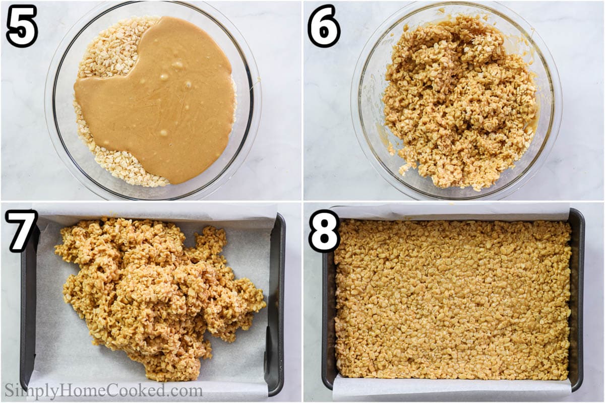 Steps for making scotch, including combining the cereal mixture and peanut butter, then scattering in a baking pan.