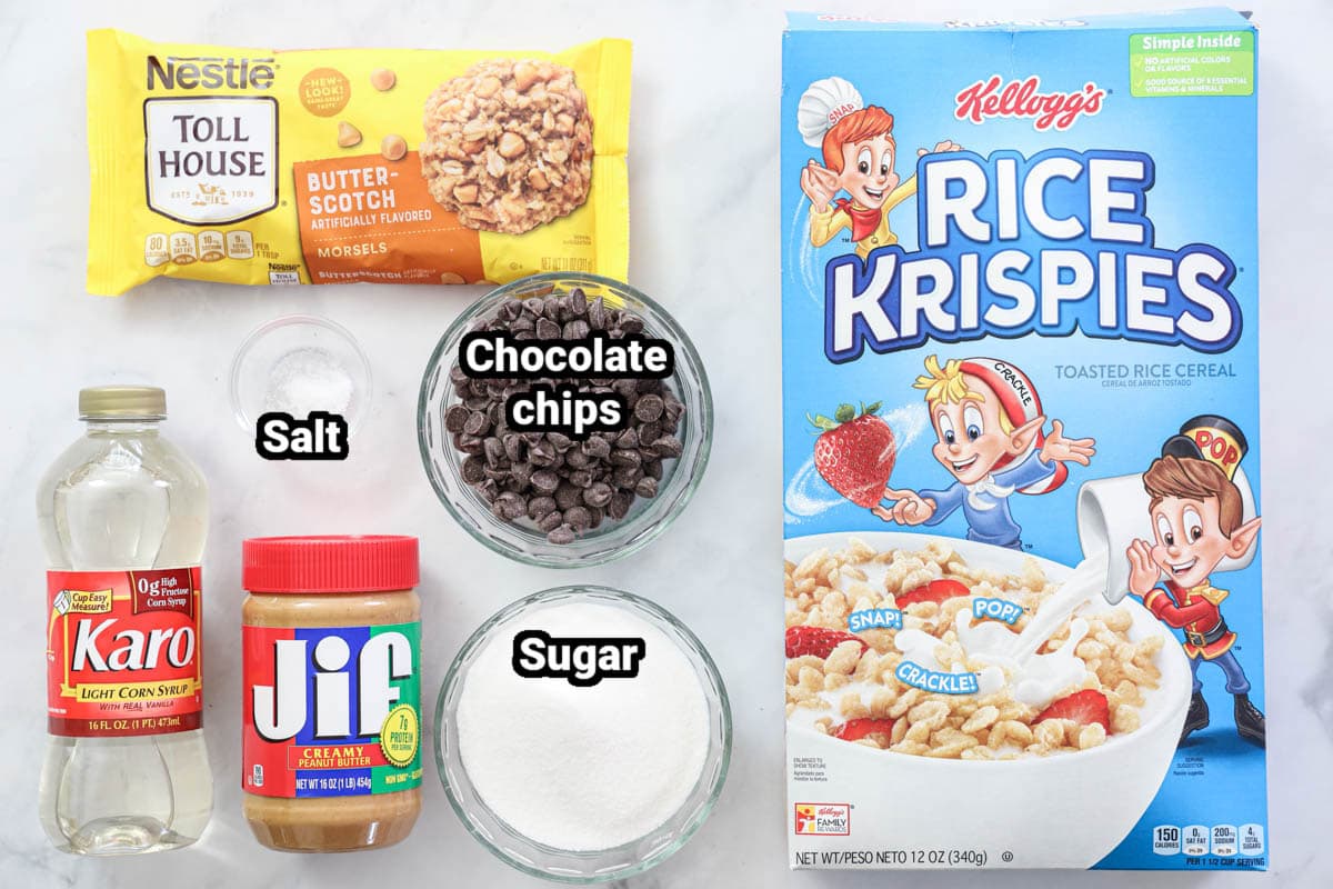 Ingredients for scotchou, including crispy rice cereal, butter dishes, chocolate chips, salt, peanut butter, light corn syrup and sugar.