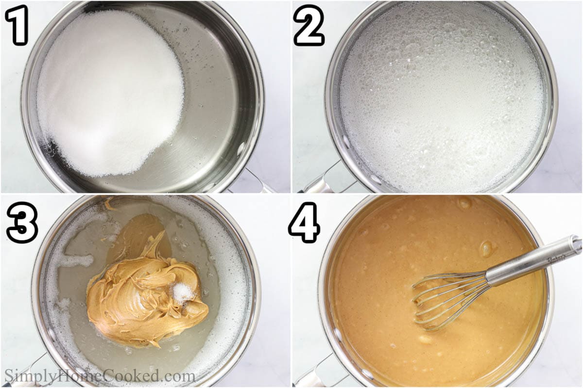 Steps for making scotch, including boiling the sugar mixture and then adding the salt and peanut butter, while whisking everything together.