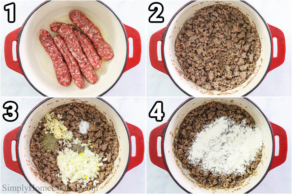 Steps to make Tortellini Soup, including cooking and breaking up the sausage in a pot, then adding the seasonings and flour. 