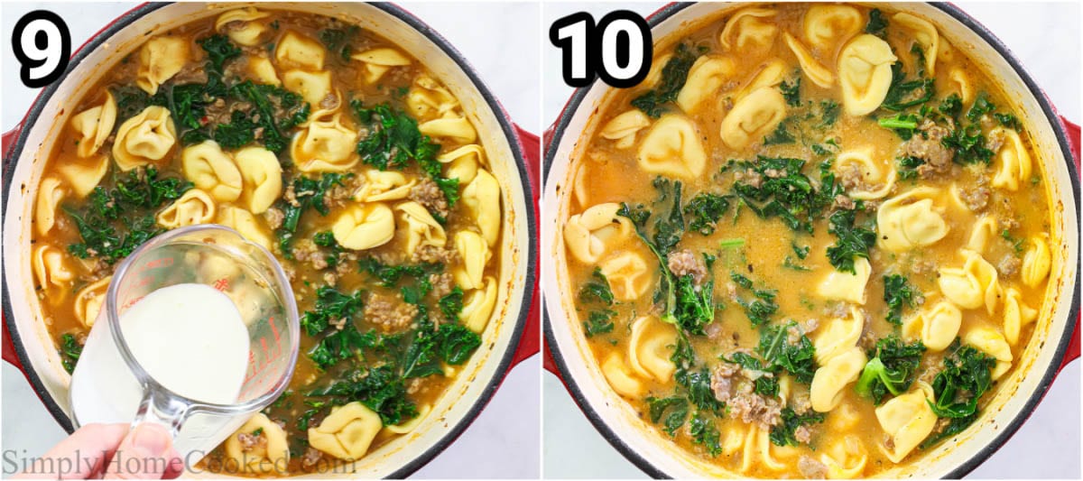 Steps to make Tortellini Soup, including adding the heavy cream and stirring.