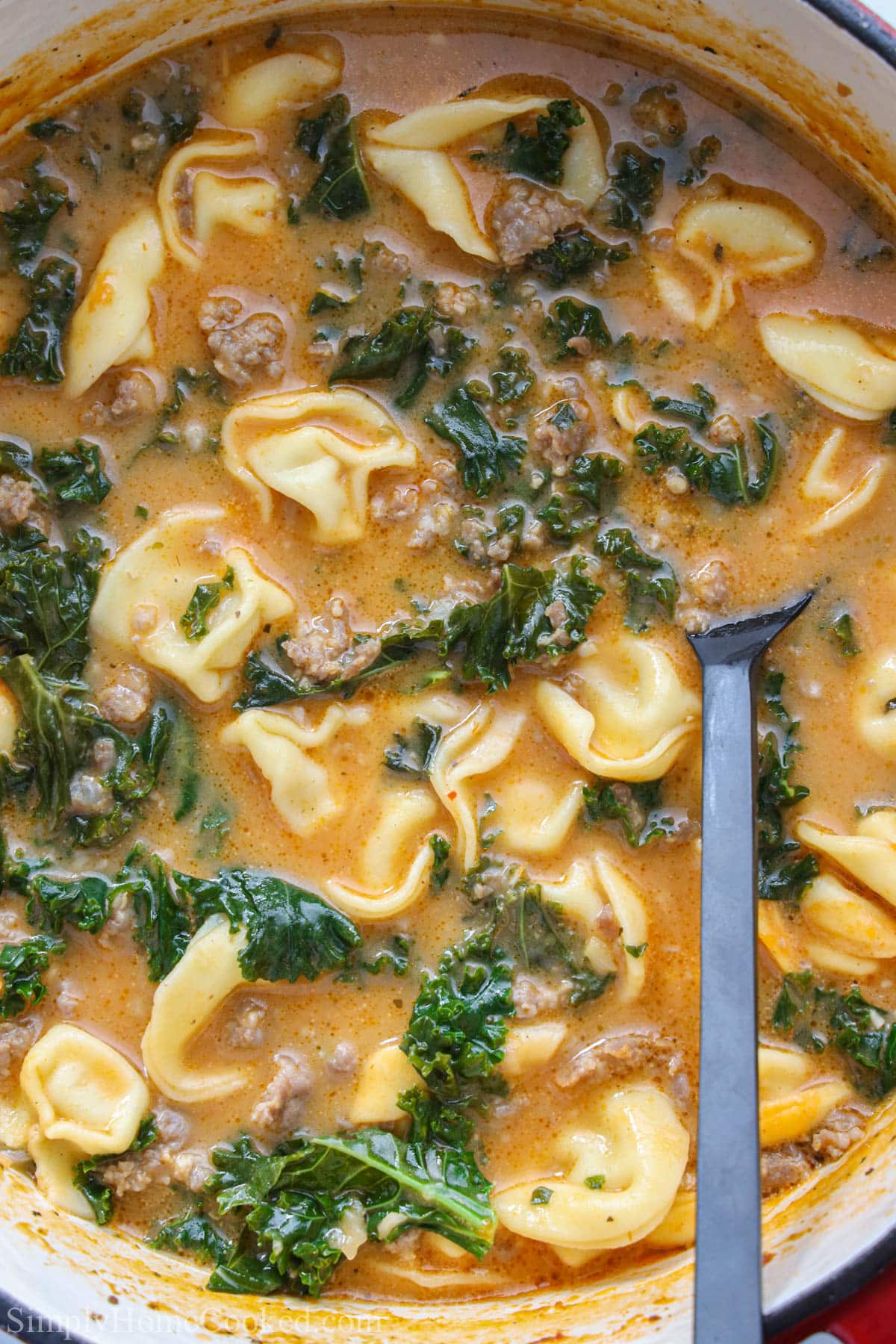 close up image of Tortellini Soup with a spoon