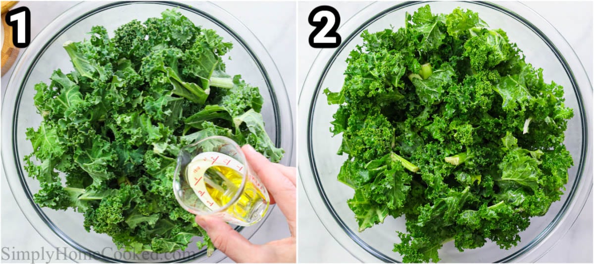 Steps to make Air Fryer Kale Chips, including adding oil and salt to the kale and then tossing them together.